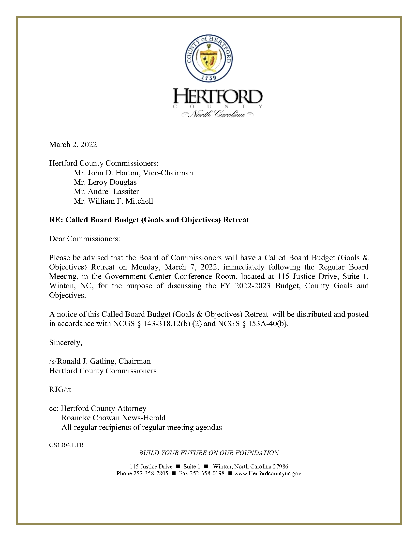 Notice  of Called Board Retreat